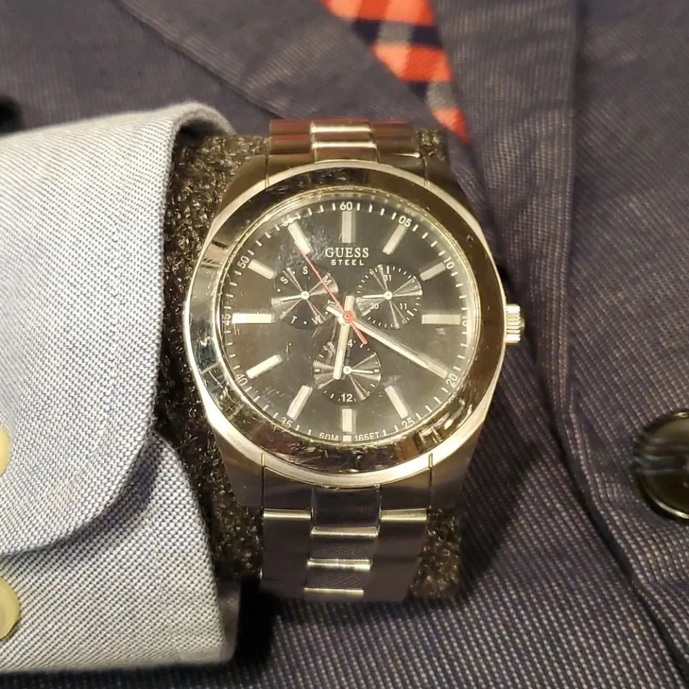 Vintage Guess Steel Multifunction Silver-Tone Mens Watch - Black Dial